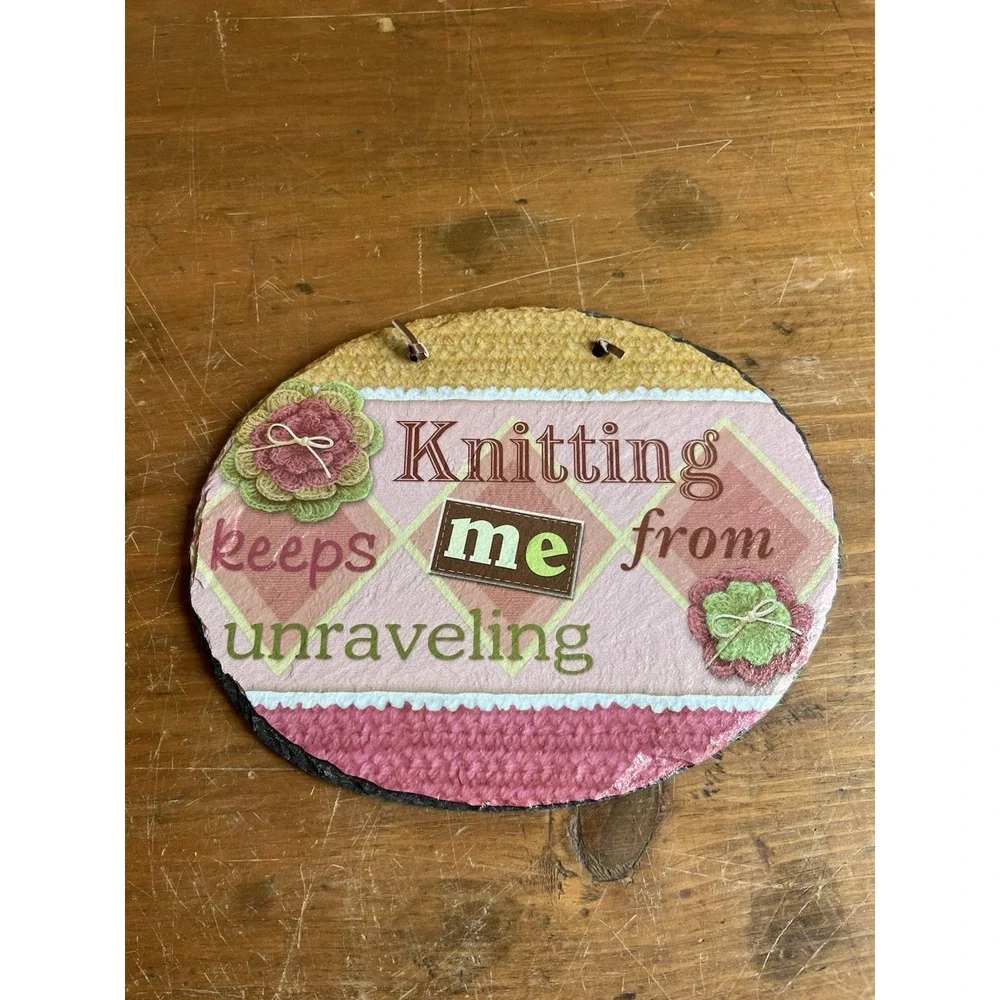 Knitting Inspirational Decorative Slate Oval Hanging Plaque Pink Green Beige